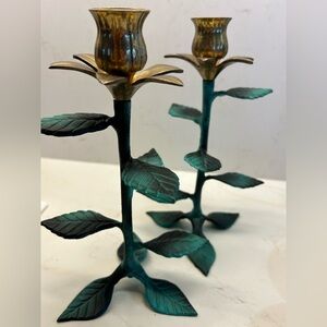 Vintage Brass and Green Leaf Metal Candle Holders